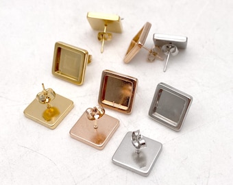 10/50pcs 10mm inner 18k Gold Rose plated Stainless Steel Earring Posts Studs Square Settings Bezels Cabochons Tacks Thick Bezel