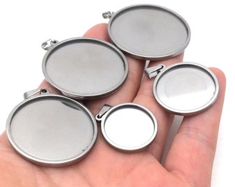 10pcs Solid Stainless Steel Cabochon Settings Round Bezel Tray Blanks Pendants with Clasp from 25mm to 40mm