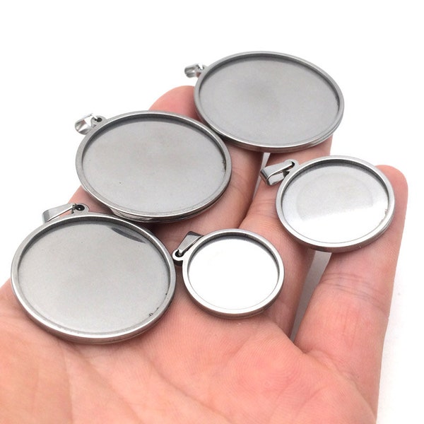 10pcs Solid Stainless Steel Cabochon Settings Round Bezel Tray Blanks Pendants with Clasp from 25mm to 40mm