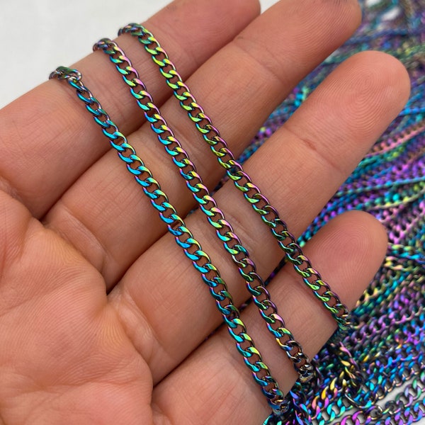 5/25 Meters Rainbow Finish PVD Plated Colorful  Beveled Flat Curb Stainless Steel Unfinished Chain From 3mm wide