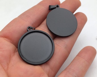 Noir Solid Inox Cabochon Settings Rond Lunette Plateau Blancs Pendentifs avec Fermoir de 25mm 30mm