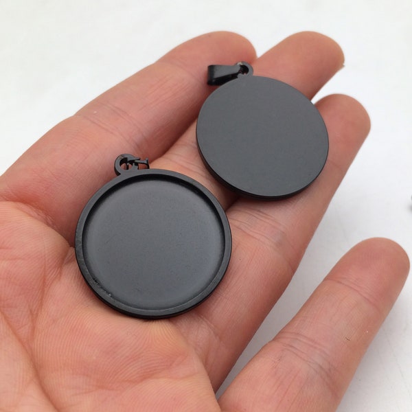 Black Solid Stainless Steel Cabochon Settings Round Bezel Tray Blanks Pendants with Clasp from 25mm  30mm