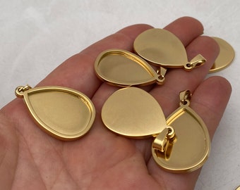 10/50 piezas de 18 x 25 mm de acero inoxidable chapado en oro de 18 k con forma de lágrima, cabujón, bisel, bandeja, colgantes