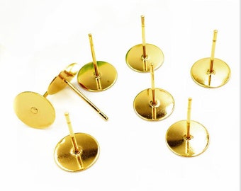 Gold Plated Stainless Steel Flat Round Blank Earring Stud Posts Pins Components from 3mm-12mm