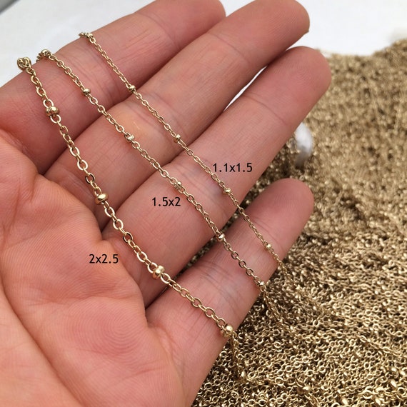 10/50 meters 14K real light gold plated Stainless Steel Flat Cable  Satellite Beaded Chain Oval Link welded size