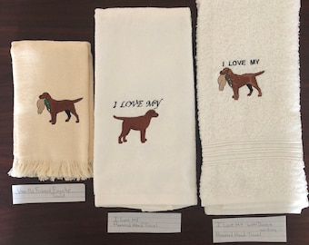 Chocolate Lab Embroidered on Towels with Duck Without Duck and Writing