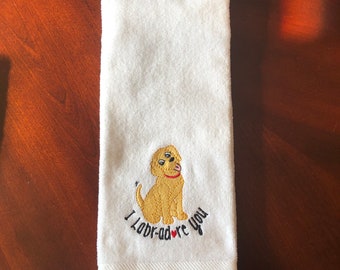Hemmed Hand Towel with Yellow Lab and Writing Embroidered