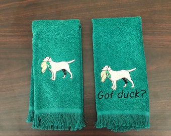 Yellow Lab with Duck Embroidered on Fringed Fingertip Towel with or without Writing