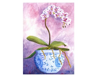 Orchid in Chinese fishbowl painting, Watercolor orchid print, Pink and white orchid print, Shades of pink and purple watercolor wall art.