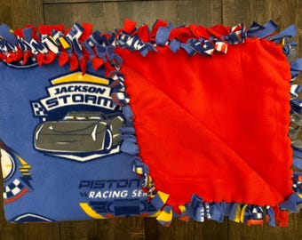 Cars 3 Piston Cup Racing Series  2yd Handmade No-Sew Fleece Blanket | Lightning McQueen & Jackson Storm | Reversible Blue / Red