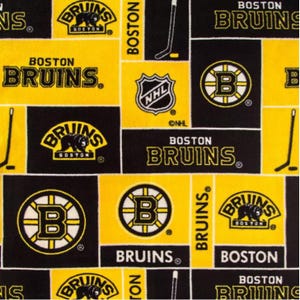 May include: A repeating pattern featuring the Boston Bruins logo, bear, and hockey stick on a black and yellow background. The text "BOSTON BRUINS" is prominently displayed in various blocks.