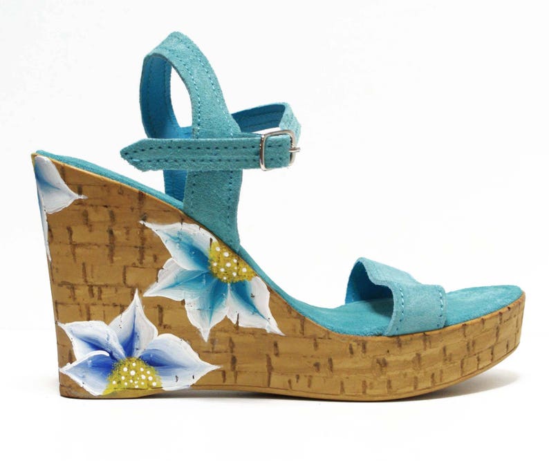 Ankle Strap Wedges Bridesmaid Shoes Greece Sandals Handpainted Shoes Turquoise Suede Shoes Prom Shoes Leather Wedges Suede Heels