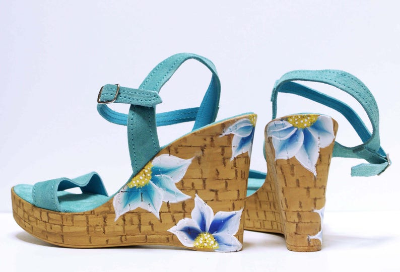 Ankle Strap Wedges Bridesmaid Shoes Greece Sandals Handpainted Shoes Turquoise Suede Shoes Prom Shoes Leather Wedges Suede Heels