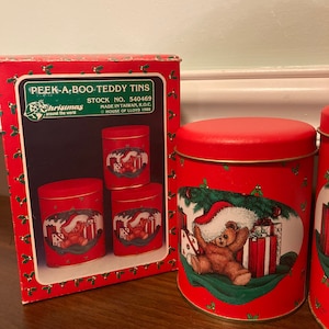 Vintage 1988 House of Lloyd Christmas Peek A Boo Teddy Bear Tins
