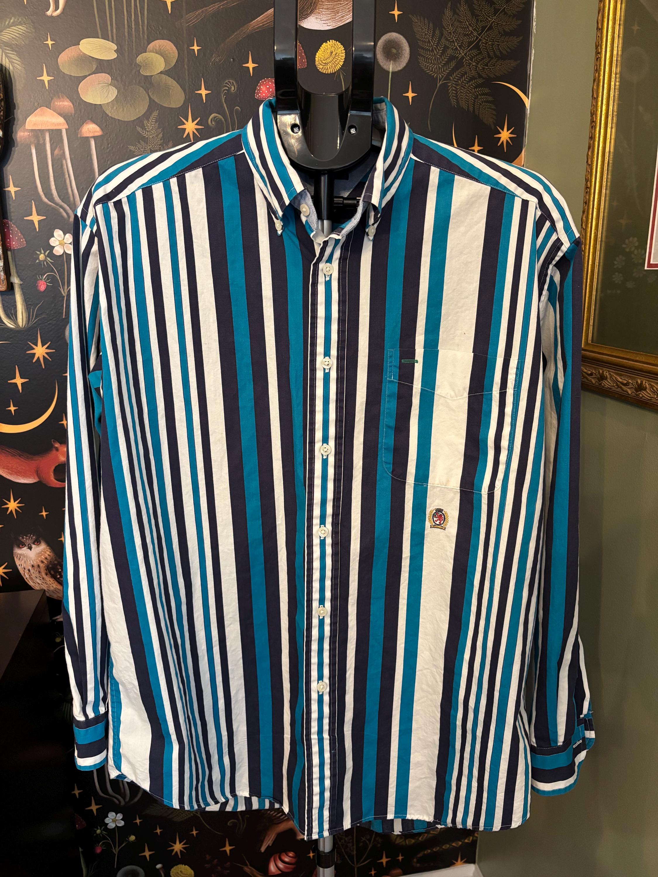 Mens Blue and White Vertical Striped Long Sleeve Shirt