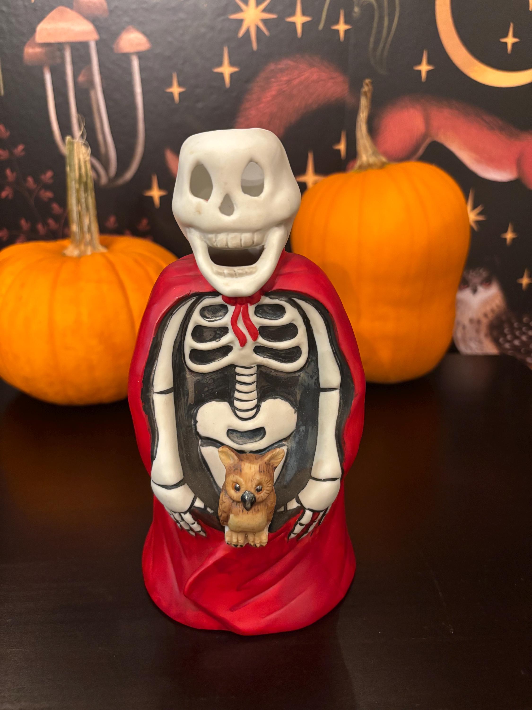 Vintage 1987 Enesco Halloween Decor Skeleton with Owl Ceramic Tea Light Votive  Holder FREE SHIPPING