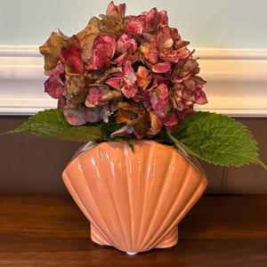 May include: A peach-colored seashell-shaped vase holds a bouquet of dried hydrangea flowers. The flowers are a mix of burgundy, pink, and brown hues, with green leaves. The vase sits on a dark wooden surface.