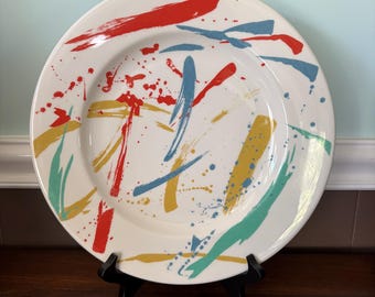 Vintage 1980s Syracuse China Colorful Abstract Paint Splatter large 12” Dinner Plate Platter