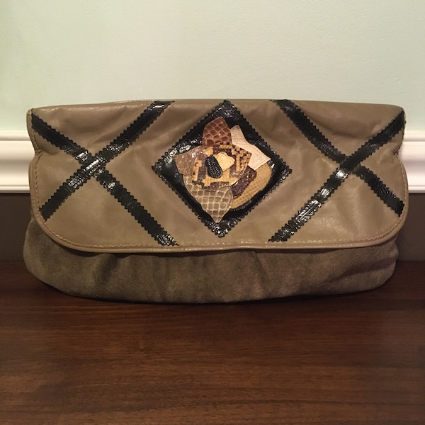 Vintage 1980s Large Brown Leather and Suede Snake Skin Clutch Purse Pocketbook