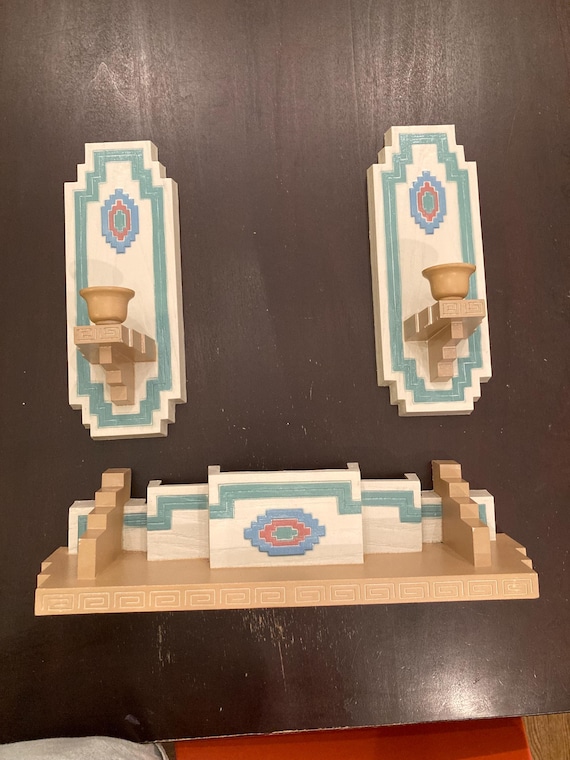 Vintage 80s/90s Burwood Products Pastels Candle Sconces Aztec 