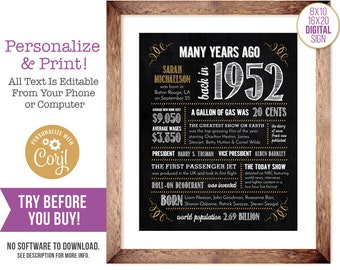 72nd Birthday Sign Poster, Anniversary / Born in 1952 Fun Facts / Editable Digital File, Try Before You Buy!