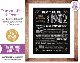 42nd Birthday Sign Poster, Anniversary / Born in 1982 Fun Facts / Editable Digital File, Try Before You Buy!