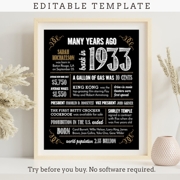 91st Birthday Sign Poster, Anniversary / Born in 1933 Fun Facts / Editable Digital File, Try Before You Buy!
