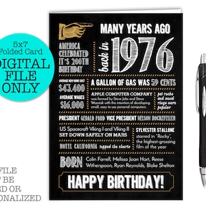 Carte d'anniversaire de 49 ans, né en 1976, faits amusants, bilan de l'année, fichier numérique à télécharger
