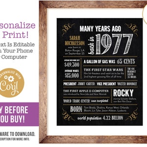 48th Birthday Sign Poster, Anniversary / Born in 1977 Fun Facts / Editable Digital File, Try Before You Buy!