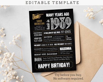 35th Birthday Card, Anniversary / Born in 1989 Fun Facts / Editable Digital File, Try Before You Buy!