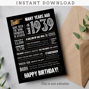 Carte d'anniversaire 86e / Né en 1939 Faits amusants, Bilan de l'année / Fichier numérique en téléchargement immédiat