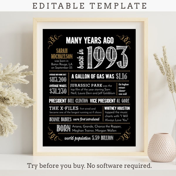 31st Birthday Sign Poster, Anniversary / Born in 1993 Fun Facts / Editable Digital File, Try Before You Buy!