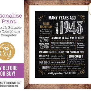 77th Birthday Sign Poster, Anniversary / Born in 1948 Fun Facts / Editable Digital File, Try Before You Buy!