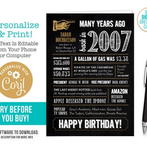 Tarjeta del 18.º aniversario, cumpleaños / Nacido en 2007, datos curiosos / Archivo digital editable de 5 x 7. ¡Pruébelo antes de comprar!