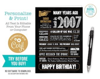 17th Anniversary Card, Birthday / Born in 2007 Fun Facts / 5x7 Editable Digital File, Try Before You Buy!