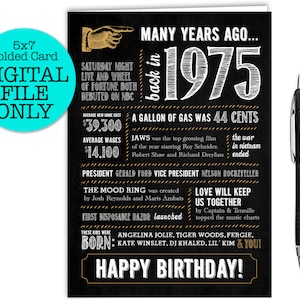 Geburtstagskarte 50 Jahre / Geburtstag 1975 Fun Facts, Jahresrückblick / Digitale Datei Sofort Download
