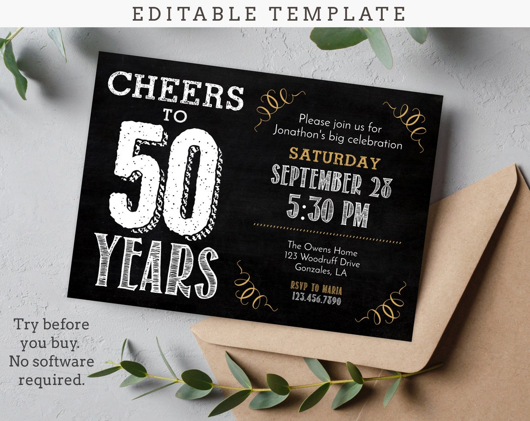 Cheers to Years Printable Birthday Invitation, Black and Gold Chalk ...