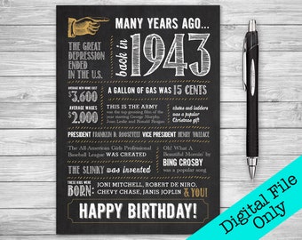 5x7 - 75th Birthday, Printable Folding Greeting Card, Many Years Ago Back in 1943, Instant Digital Download, DIY Print at Home, Chalk