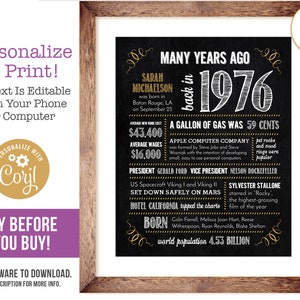 49th Birthday Sign Poster, Anniversary / Born in 1976 Fun Facts / Editable Digital File, Try Before You Buy!