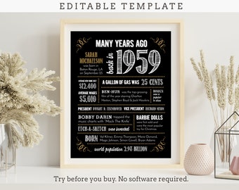 65th Birthday Anniversary  Chalk Sign / 8x10 and 16x20 / 1959 / Digital File ONLY (not editable)