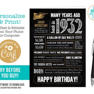 93rd Birthday Card, Anniversary / Born in 1932 Fun Facts / Editable Digital File, Try Before You Buy!