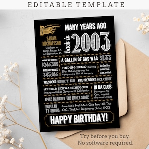 Tarjeta de cumpleaños número 22, aniversario / Nacido en 2003, datos curiosos / archivo digital editable, ¡pruébelo antes de comprar!