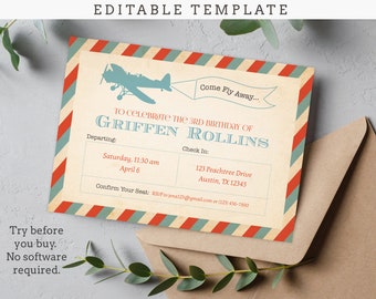 Vintage Airplane Birthday Invitation, Editable Digital File, All Text Can Be Edited, Try Before You Buy!
