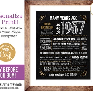 38th Birthday Sign Poster, Anniversary / Born in 1987 Fun Facts / Editable Digital File, Try Before You Buy!