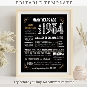 41st Birthday Sign Poster, Anniversary / Born in 1984 Fun Facts / Editable Digital File, Try Before You Buy!