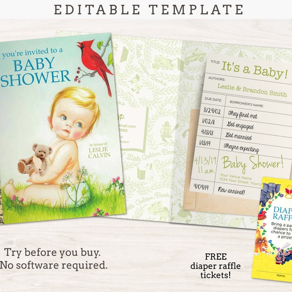 Library Book Baby Shower Invitation, Editable Digital File, All Text Can Be Edited, Try Before You Buy! - More Colors!