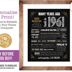 64th Birthday Sign Poster, Anniversary / Born in 1961 Fun Facts / Editable Digital File, Try Before You Buy!