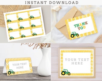 Printable Green Tractor Labels, Sign, Cards, Boys Birthday Party Decor, Instant Digital Download, Invitations Available