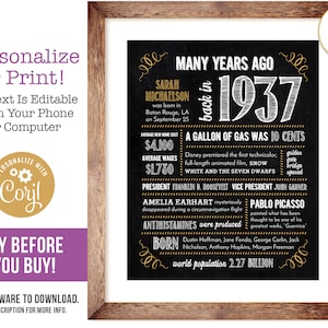 88th Birthday Sign Poster, Anniversary / Born in 1937 Fun Facts / Editable Digital File, Try Before You Buy!