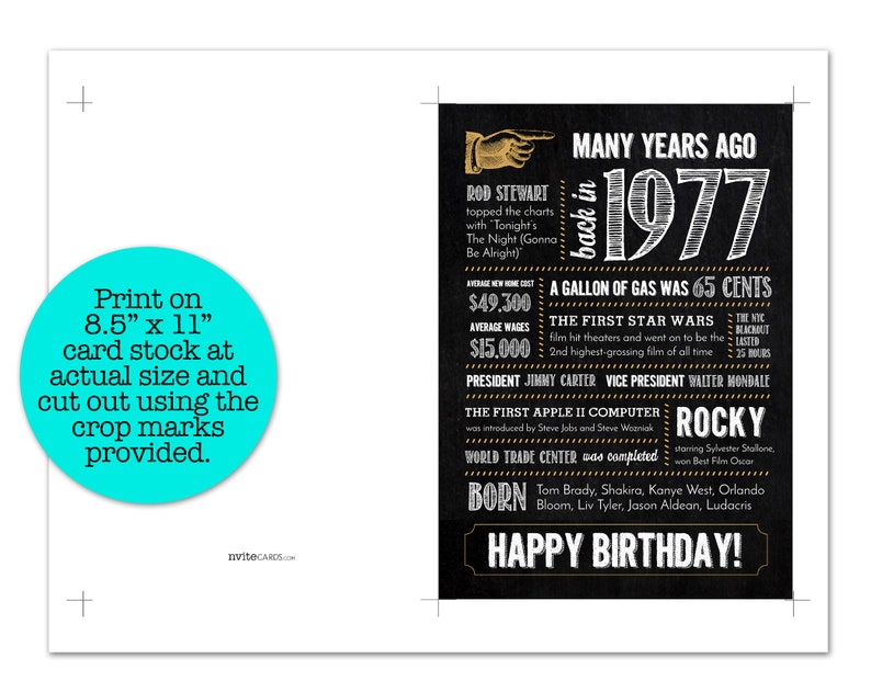 47th Birthday Card, Anniversary, Retirement / Fun Facts 1977 / Digital File Instant Download / 5x7 image 2